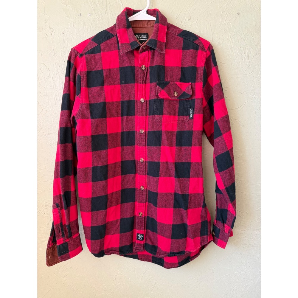 YEE YEE Mens Red Black Buffalo Plaid Long Sleeve Button Up Shirt‎ Size M